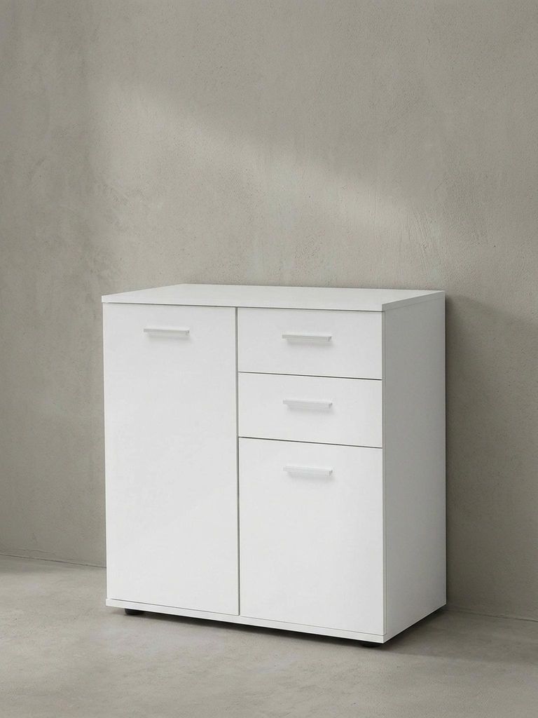 Weiße Kommode mit einer Breite von 71 cm und zwei Schubladen freigestellt auf einem komplett weißen Hintergrund._#sku_BARWL5.287#