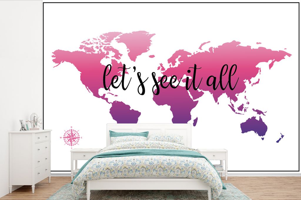 MuchoWow Fototapete für Wohnzimmer oder Schlafzimmer Wandtapete Vinyl Motivtapete Weltkarte - Rosa - Kompass - 525x350 cm - Das Hintergrundbild