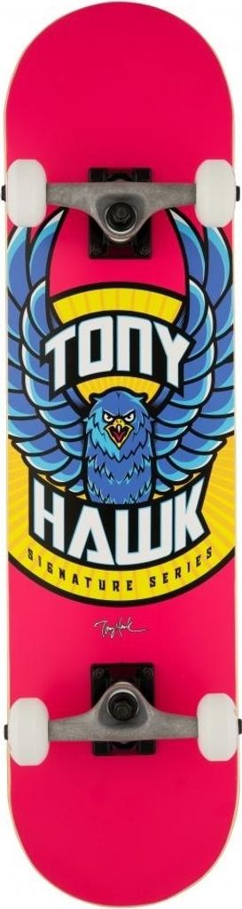 A pink Tony Hawk skateboard with a graphic of an eagle and the text "Tony Hawk Signature Series" on a white background.