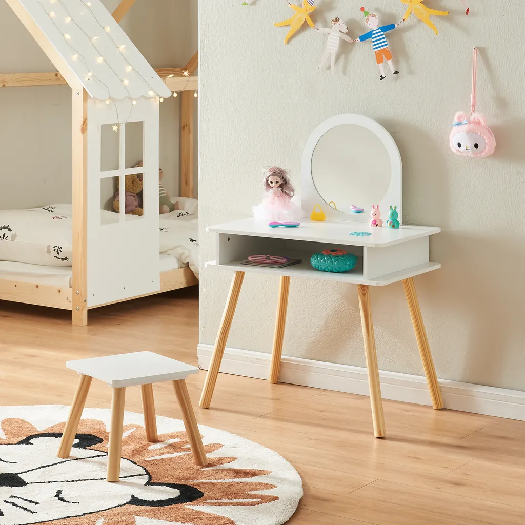 Table de maquillage enfant Ovanåker avec miroir et tabouret en bois