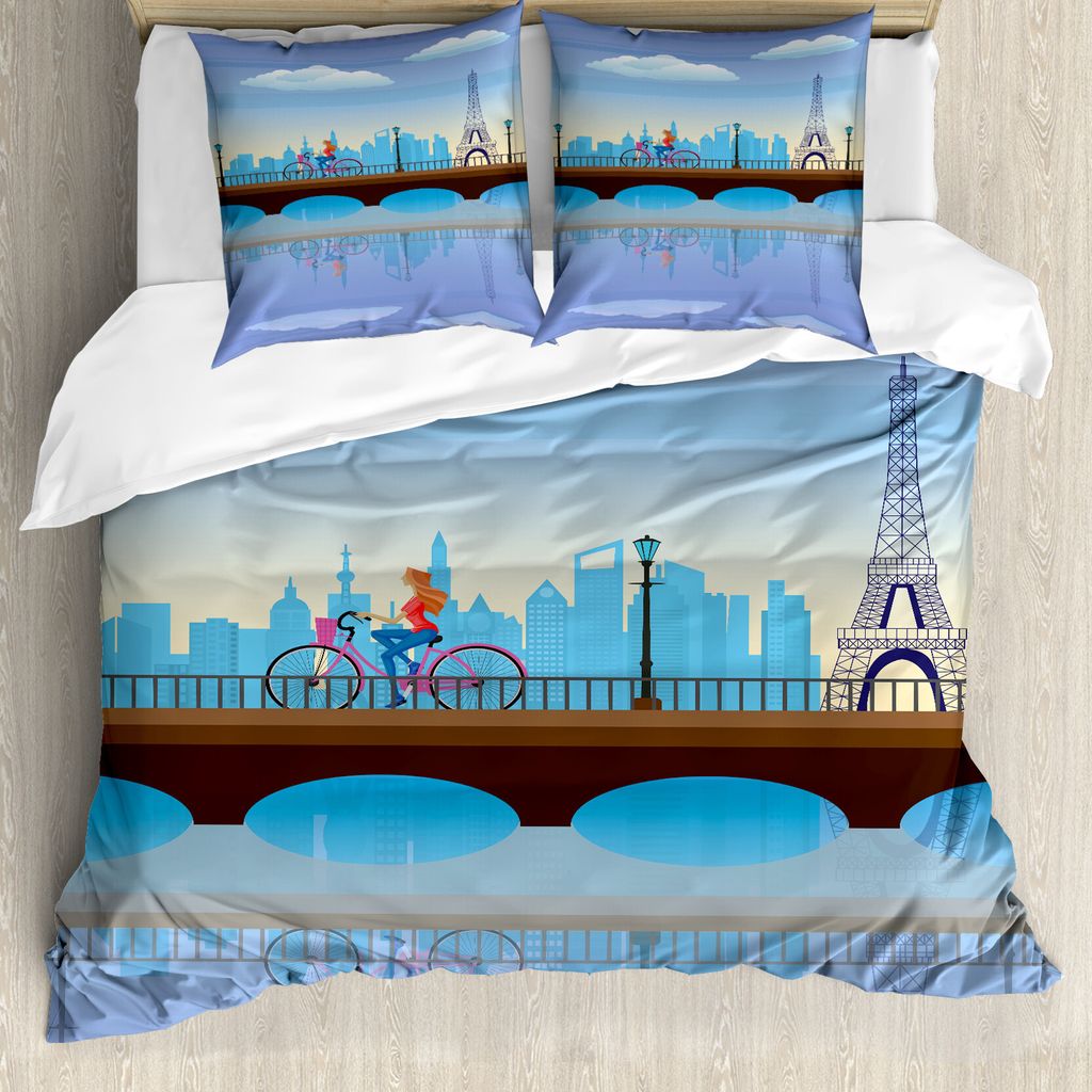 ABAKUHAUS Landschaft Bettbezug, Eiffelturm Cartoon, Milbensicher Allergiker geeignet mit Kissenbezügen, 200 cm x 200 cm - 80 x 80 cm, blau, Braun,