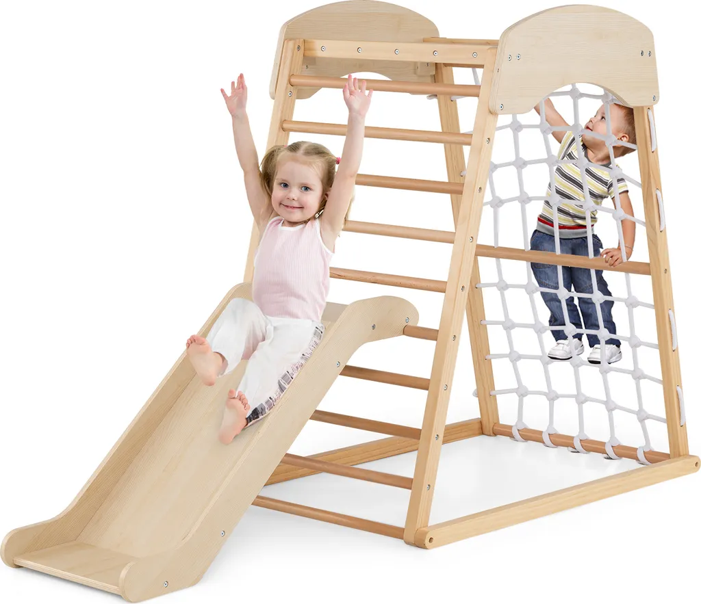 Structure escalade bois 4 en 1 modulable avec toboggan et barre fixe