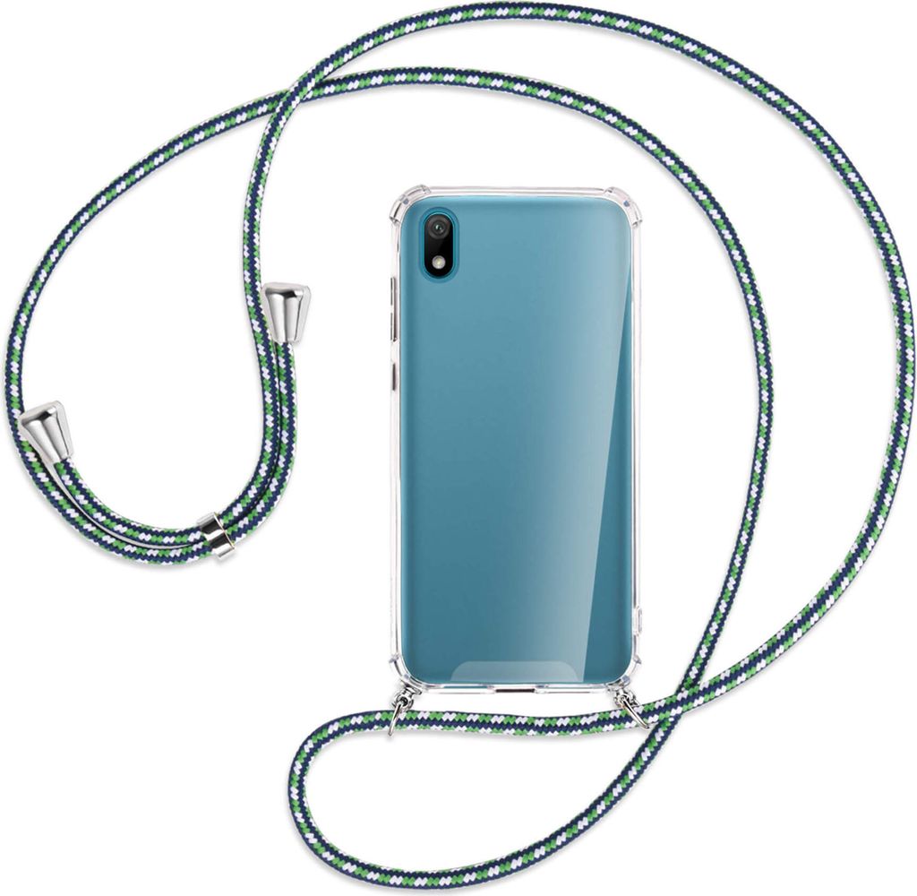 Handykette Backcover-Schutzhülle mit Band (Metall silberfarben) für Huawei Y5 2019 - grün/blau/weiß