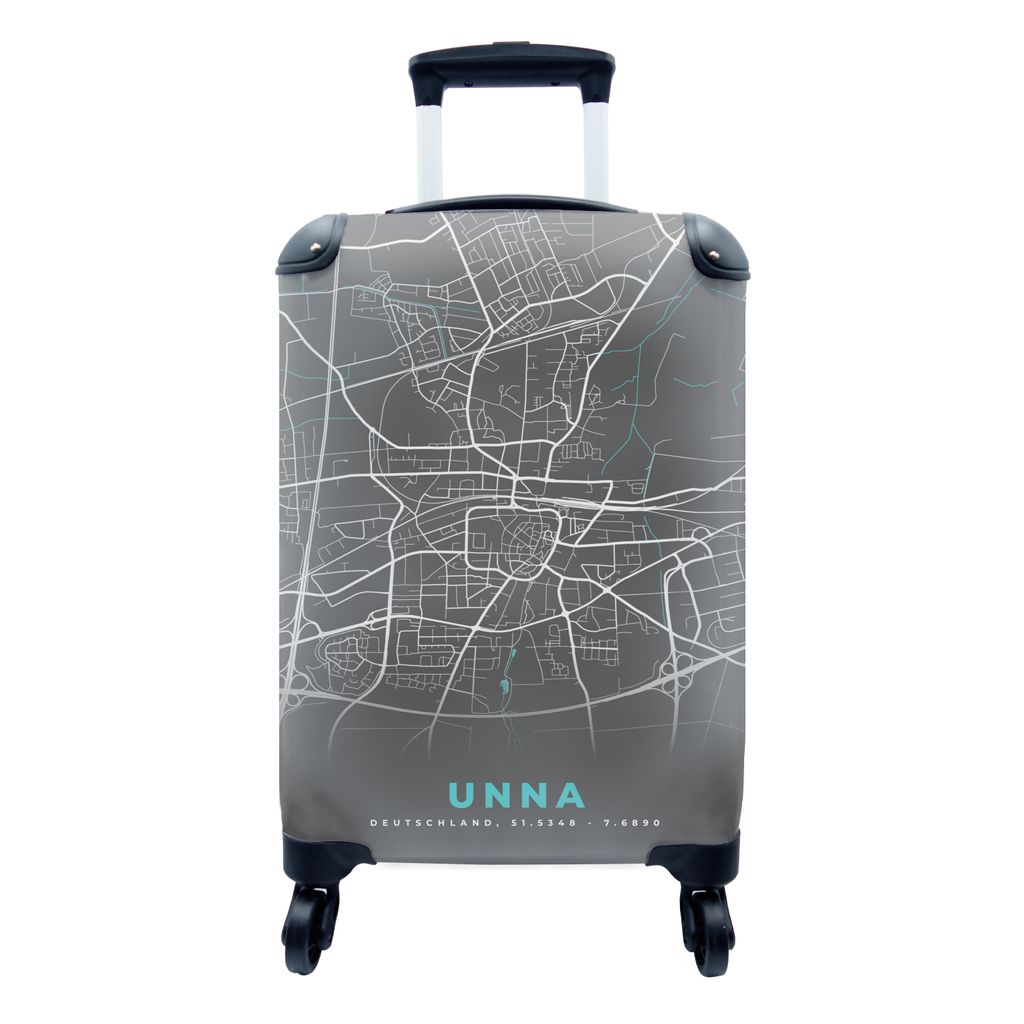 MuchoWow Koffer Handgepäck Trolley Rollkoffer Kleine Reisekoffer mit 4 Rollen - Deutschland - Blau - Unna - Stadtplan - Karte - Cabin Size < 55x...