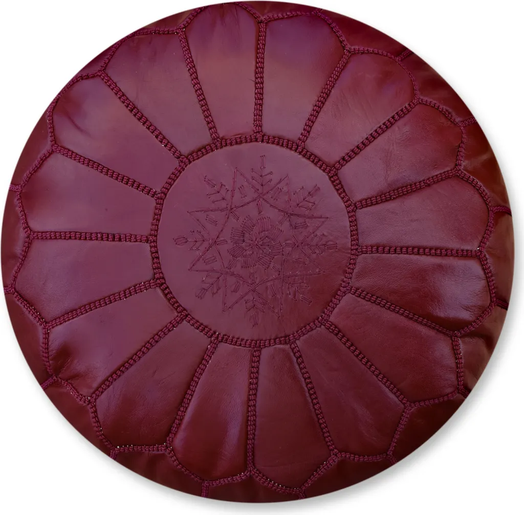 Pouf marocchino in vera pelle - Tutto bordeaux - Fatto a mano - consegnato riempito - Pouf ottomano a sacco