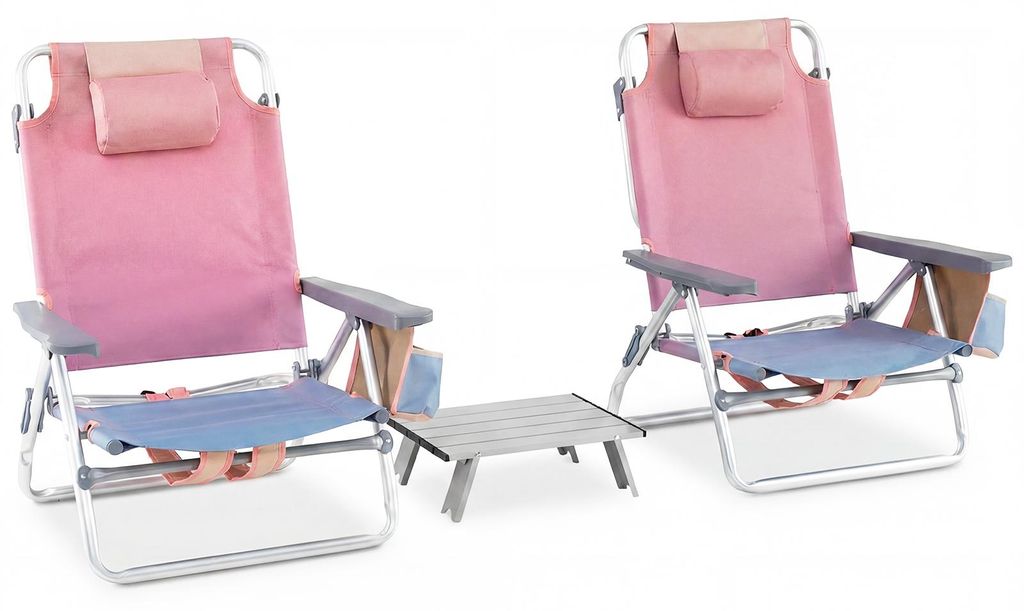 COSTWAY 2er Set Strandstühle mit Tisch, Campingstühle klappbar leicht mit verstellbarer Rückenlehne, Kopfstütze, 2 Getränkhalter & Tasche, Kla...