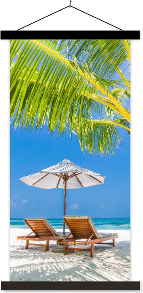 MuchoWow Textilposter Palme - Strandkorb - Sonnenschirm 40x80 cm mit schwarzem Rahmen - Wandemalerei
