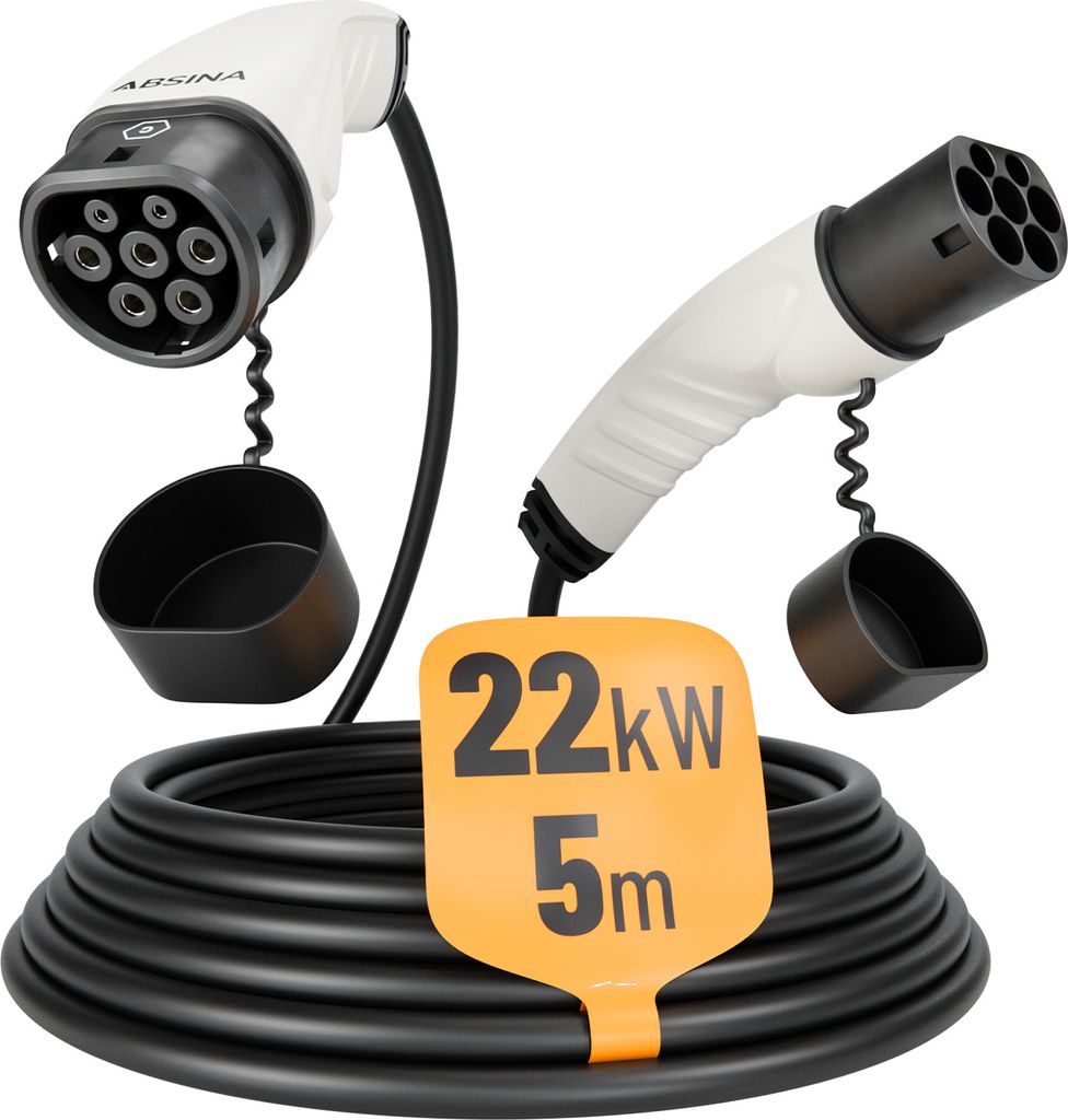 ABSINA Typ 2 Ladekabel 22kW & 32A für Hybrid & Elektroauto - 5m Ladekabel 3 phasig für Model 3, e-Up, ID.3, Zoe, EQ fortwo, ID.4 uvm
