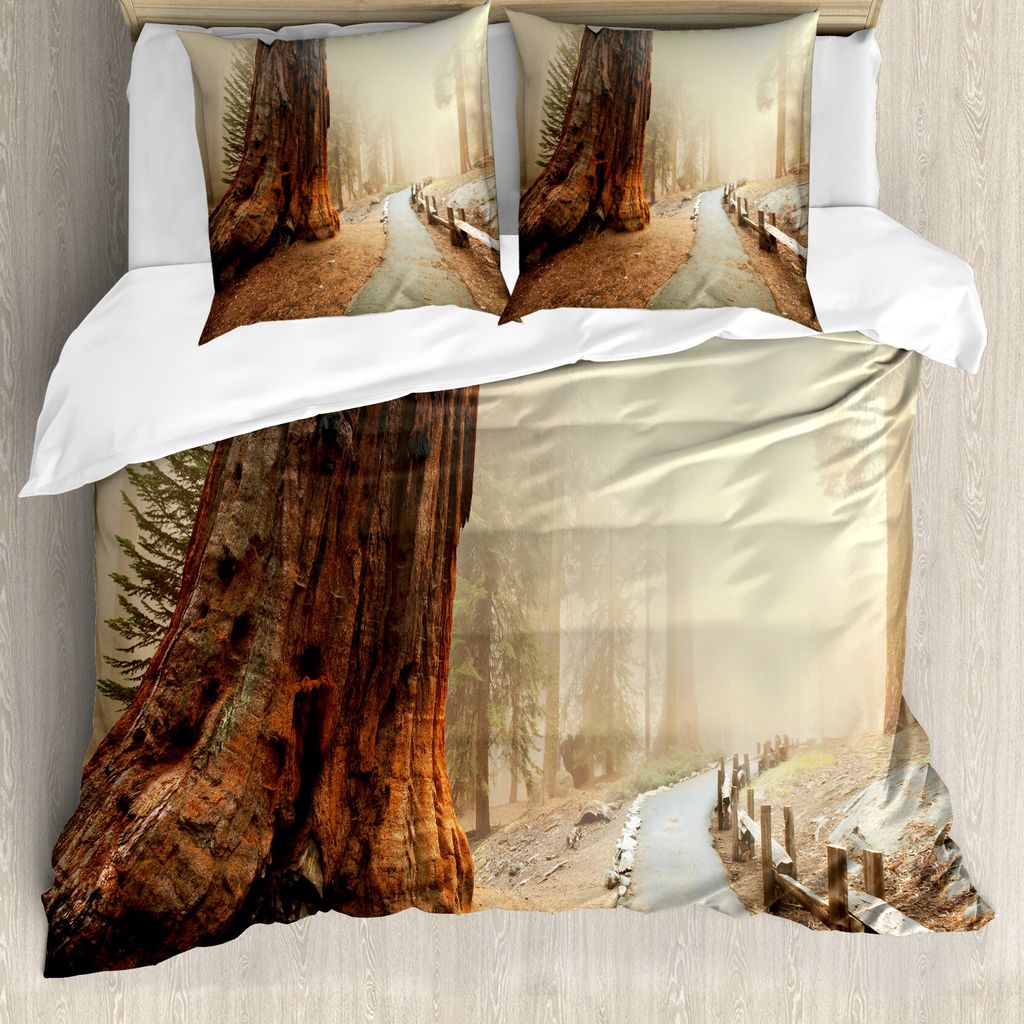 ABAKUHAUS Landschaft Bettbezugs Set Für Doppelbetten, Dschungel Wald Baum Foto, Milbensicher Allergiker geeignet mit Kissenbezügen, Mehrfarbig