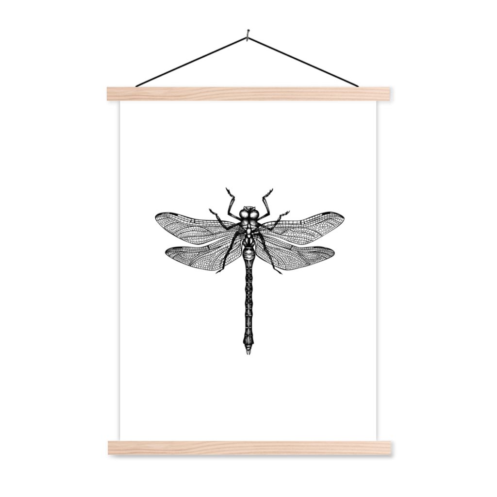 MuchoWow Textilposter Libelle - Insekten - Retro - Schwarz und weiß 40x53 cm mit holzfarbenen Rahmen - Schlafzimmer