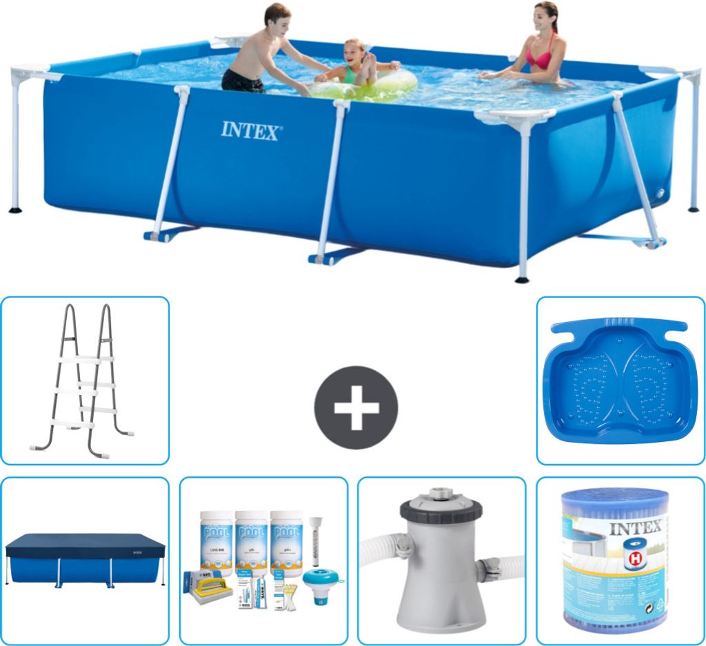 Intex-Schwimmbecken mit rechteckigem Rahmen – 300 x 200 x 75 cm – Blau – im Lieferumfang enthalten Abdeckung - Wartungspaket - Filterpumpe f...