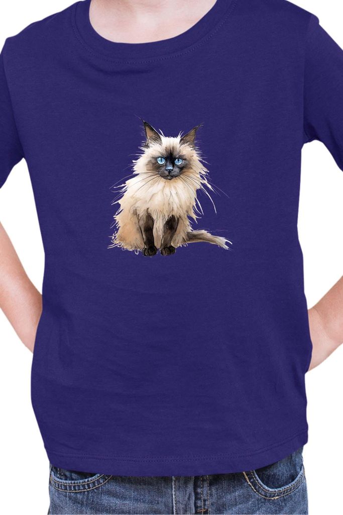 Kinder T-Shirt Funny Cats Breeds Birman Cat 014, 7-8 Jahr - 128 / Dunkelblau