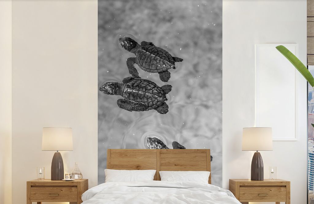 MuchoWow Fototapete für Wohnzimmer oder Schlafzimmer Wandtapete Vinyl Motivtapete Schildkröten schwarz-weiß Foto - 120x240 cm - Hintergrundbild