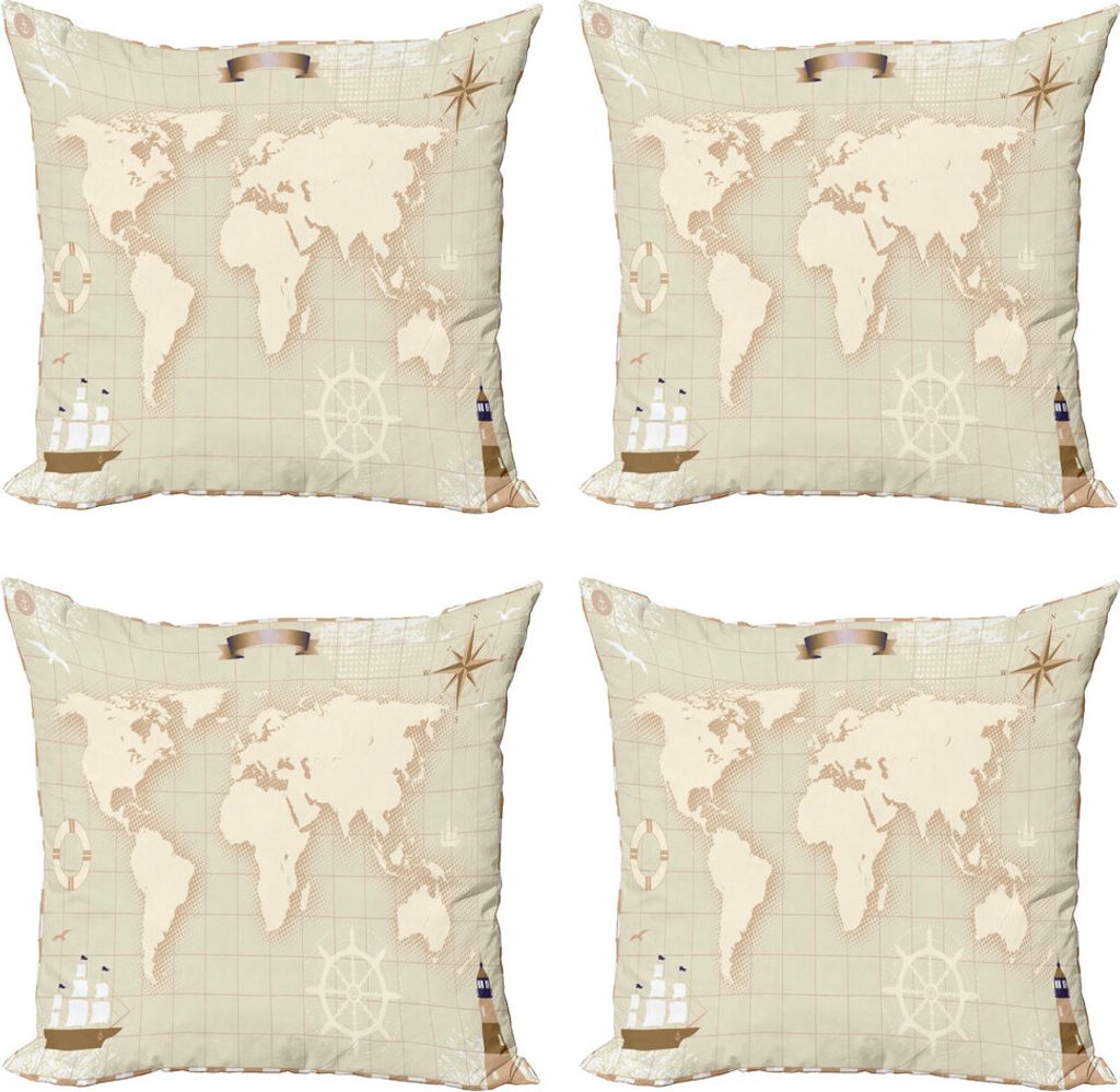 ABAKUHAUS Weltkarte Kissenbezug Set (4 Stück), Welts-Karte, Moderner Doppelseitiger Digitaldruck, 45 cm x 45 cm, Eischale Tan Beige