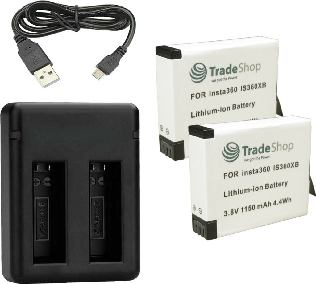 3in1 Set: 2x Hochleistungs Li-Ion Akku IS360XB + Dual Ladegerät Ladestation inklusive Micro-USB Kabel für Insta360 ONE X Kamera