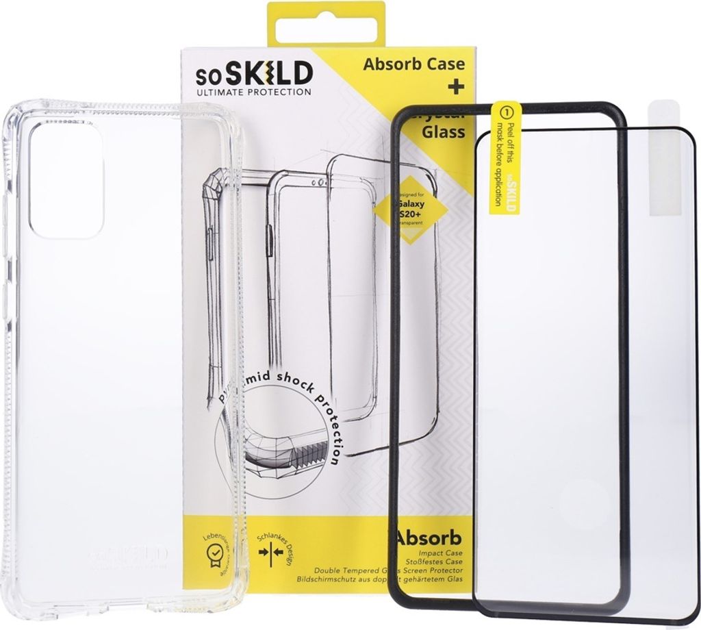 SoSkild Absorb Case Backcover + Displayschutzglas für Samsung Galaxy S20 Plus transparent