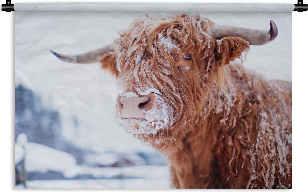 MuchoWow Wandteppich Wandbehang Schottischer Highlander - Schnee - Braun 120x80 cm Tapisserie Dekoration Wandtuch - Wanddekorationen - Wandtücher