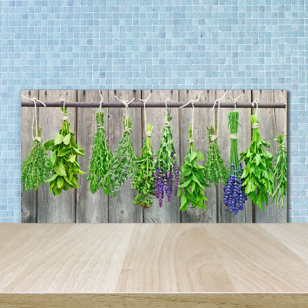 Tulup Küchenrückwand Spritzschutz aus Glas -100x50 -Spritzschutz auf gehärtetes GlasEssen & Getränke Kräuter an Schnur