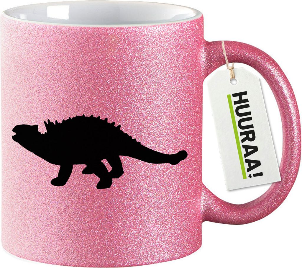 Huuraa Glitzertasse Ankylosaurus Dinosaurier 330ml Pink Keramik Kaffeebecher Geschenkidee