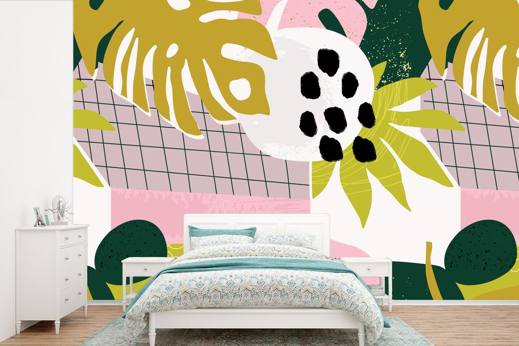MuchoWow Fototapete für Wohnzimmer oder Schlafzimmer Wandtapete Vinyl Motivtapete Tropische Pflanzen - Rosa - Gelb - Muster - 600x400 cm - Vinyl...