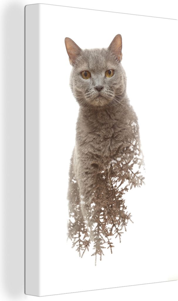 OneMillionCanvasses - Leinwandbilder - 90x140 cm, Katze - Zweig - Grau, Wandbilder Kunstdruck Wanddekoration - Wandschmucke - Schlafzimmer
