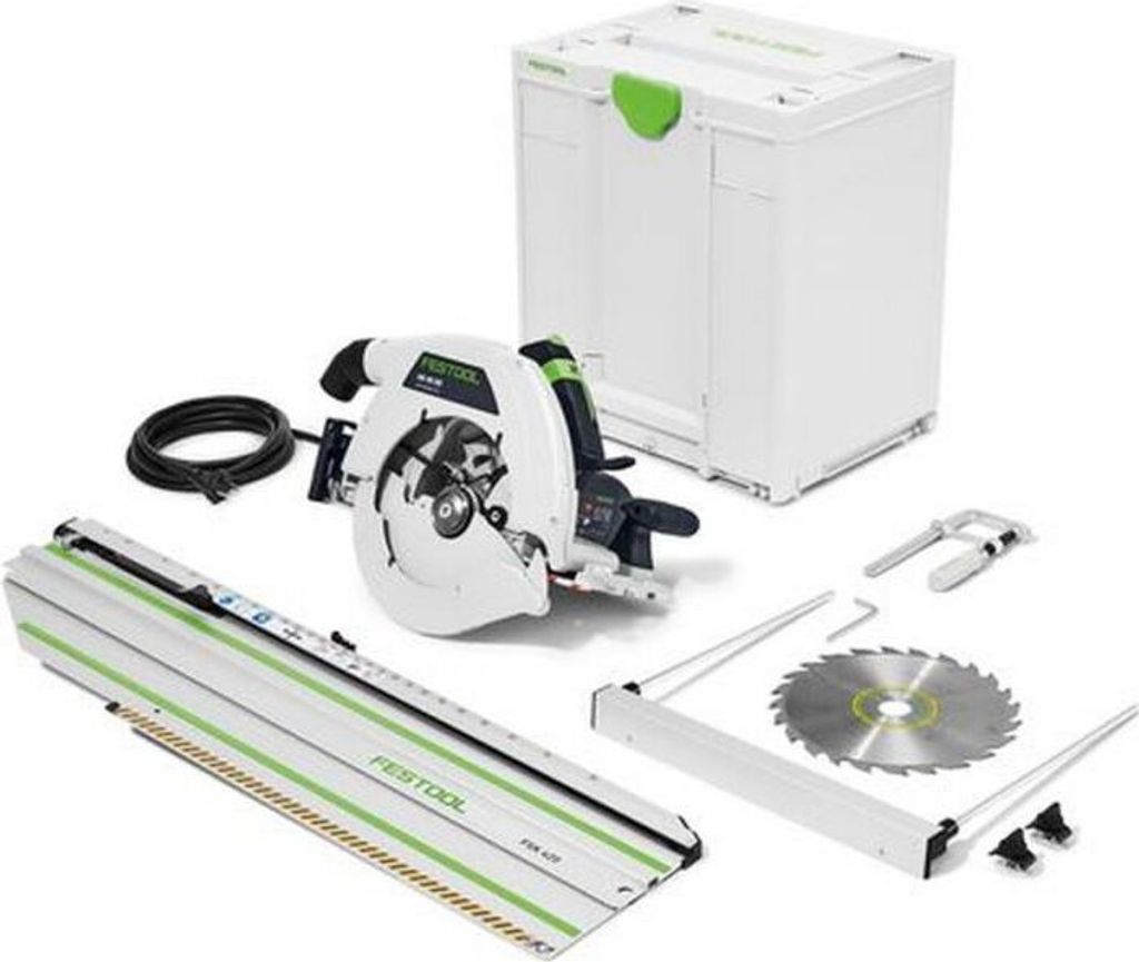 A collection of tools for woodworking, including a circular saw, a guide rail, a saw blade, and a storage case.