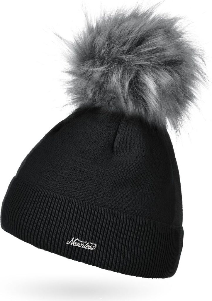 Damen Mütze gefüttert Fell-Bommel Kunstfell Wollmütze Wintermütze Bommelmütze Feinstrick Neverless schwarz unisize