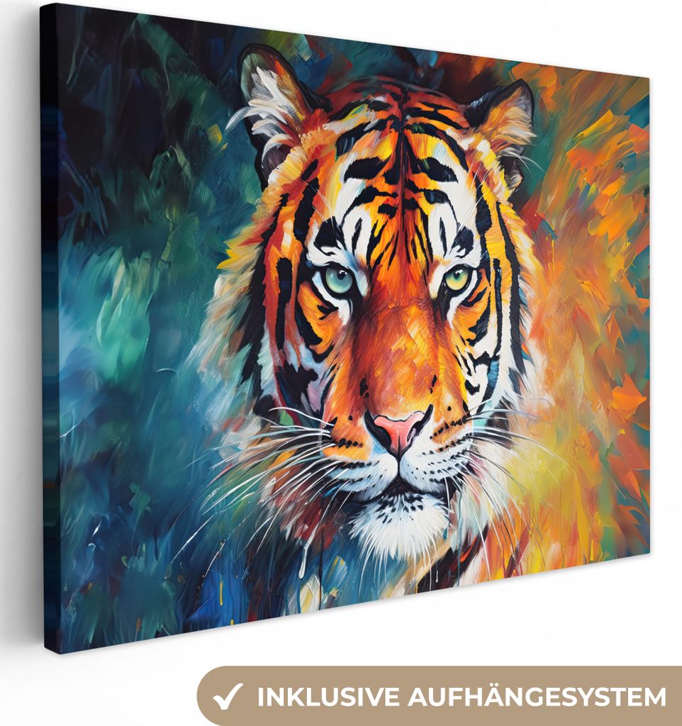 MuchoWow - Leinwandbilder - Tiger - Tiere - Ölgemälde - Kunst, Wandbild, Wanddeko Bilder Wohnzimmer, 40x30 cm