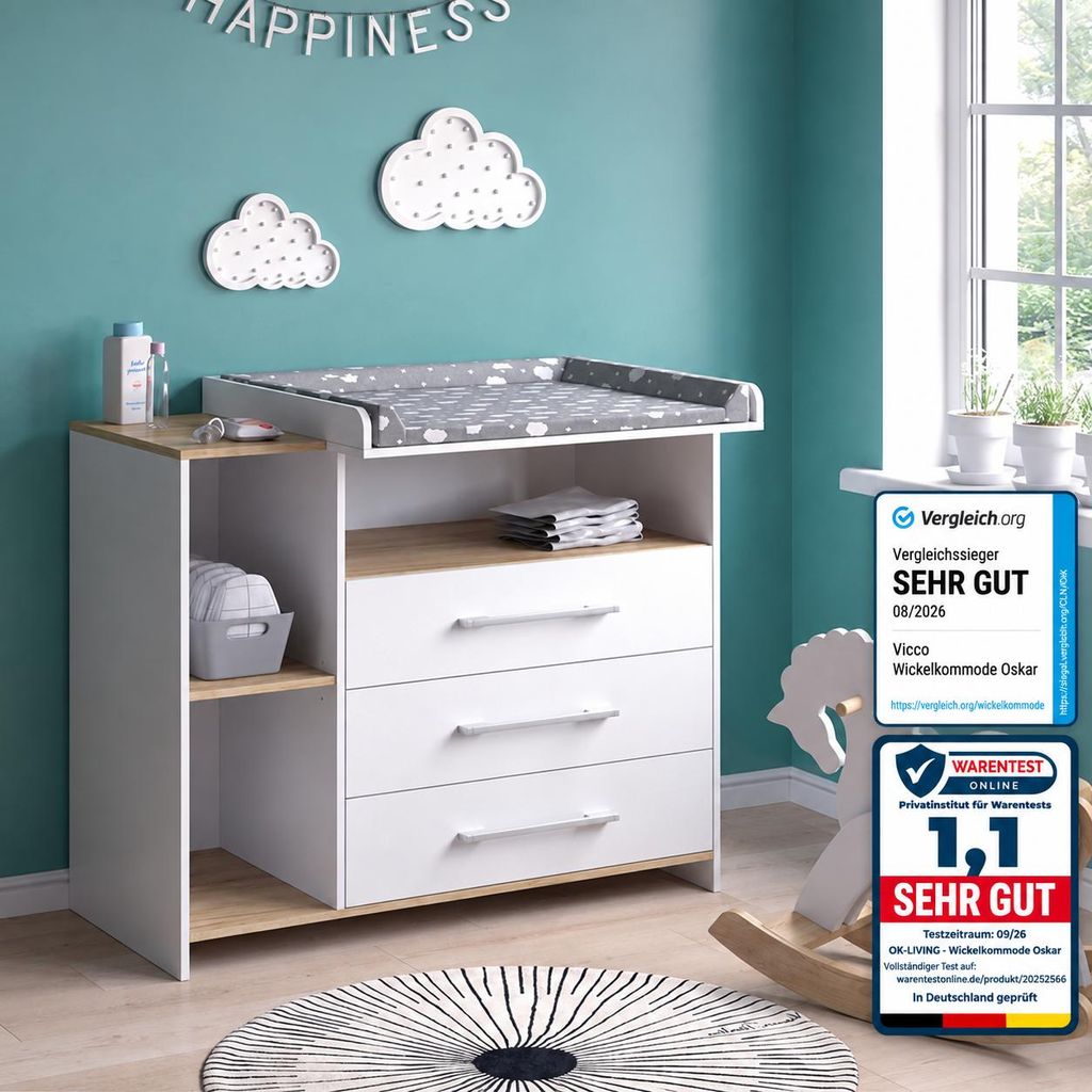 Vouwtafel Vicco Oskar, wit/lichte eikenhoutkleur, 113 x 93 Productafbeelding  AI-gegenereerde afbeelding