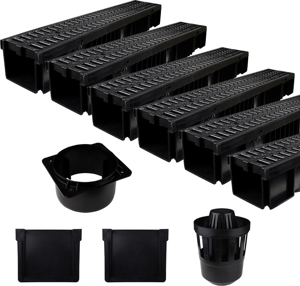 Entwässerungsrinne Schwarz Kunststoff 6 Meter – Komplettset