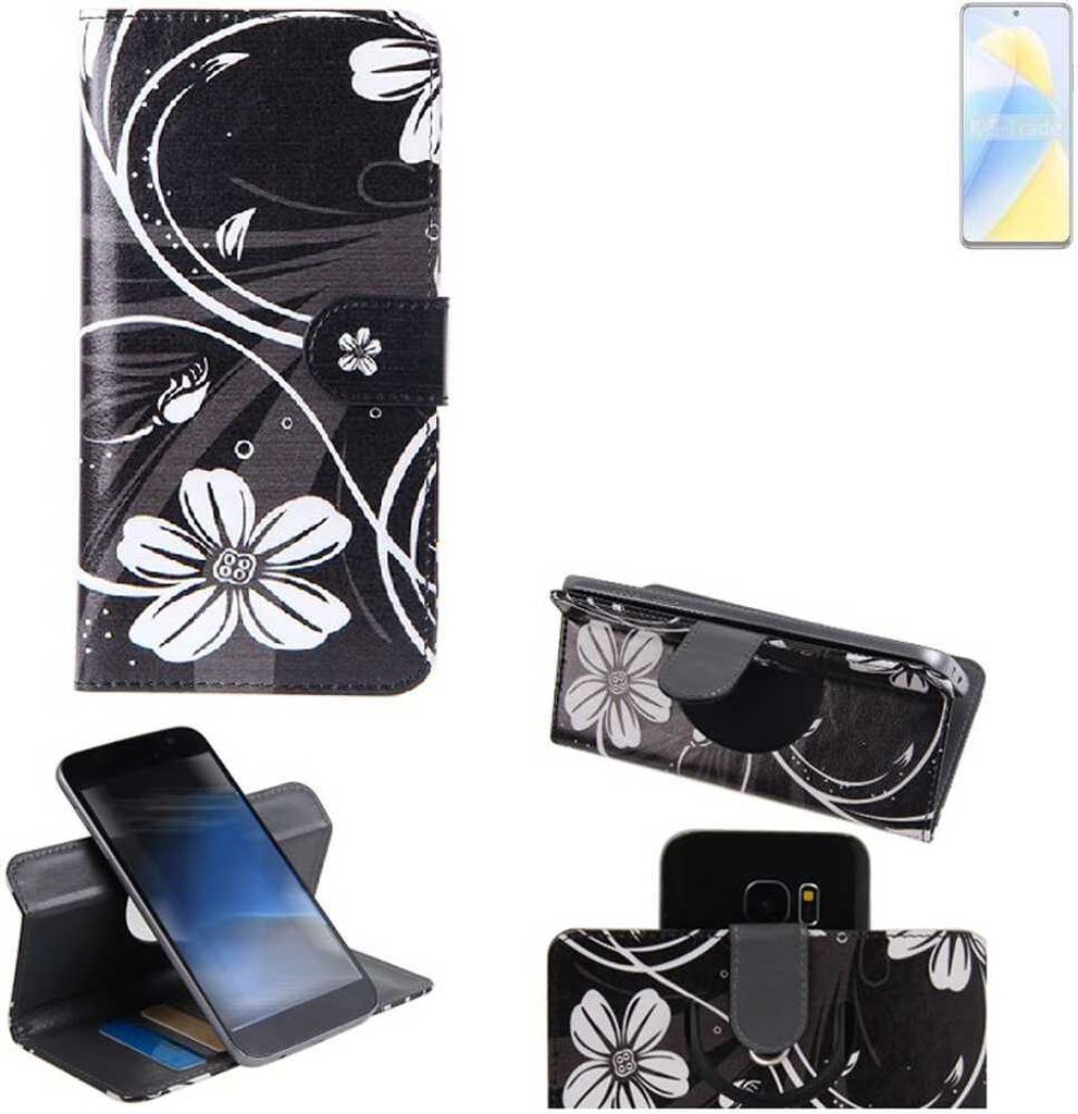 K-S-Trade Schutzhülle Handyhülle kompatibel mit Wiko 5G Hülle 360° Wallet Case “Flowers“ Klapphülle Hülle schwarz-weiß 1x