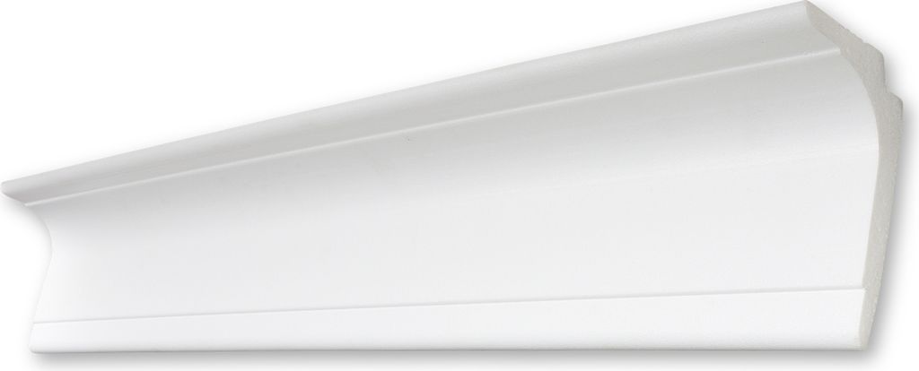 A white decorative molding strip, likely for interior design, is shown against a white background.