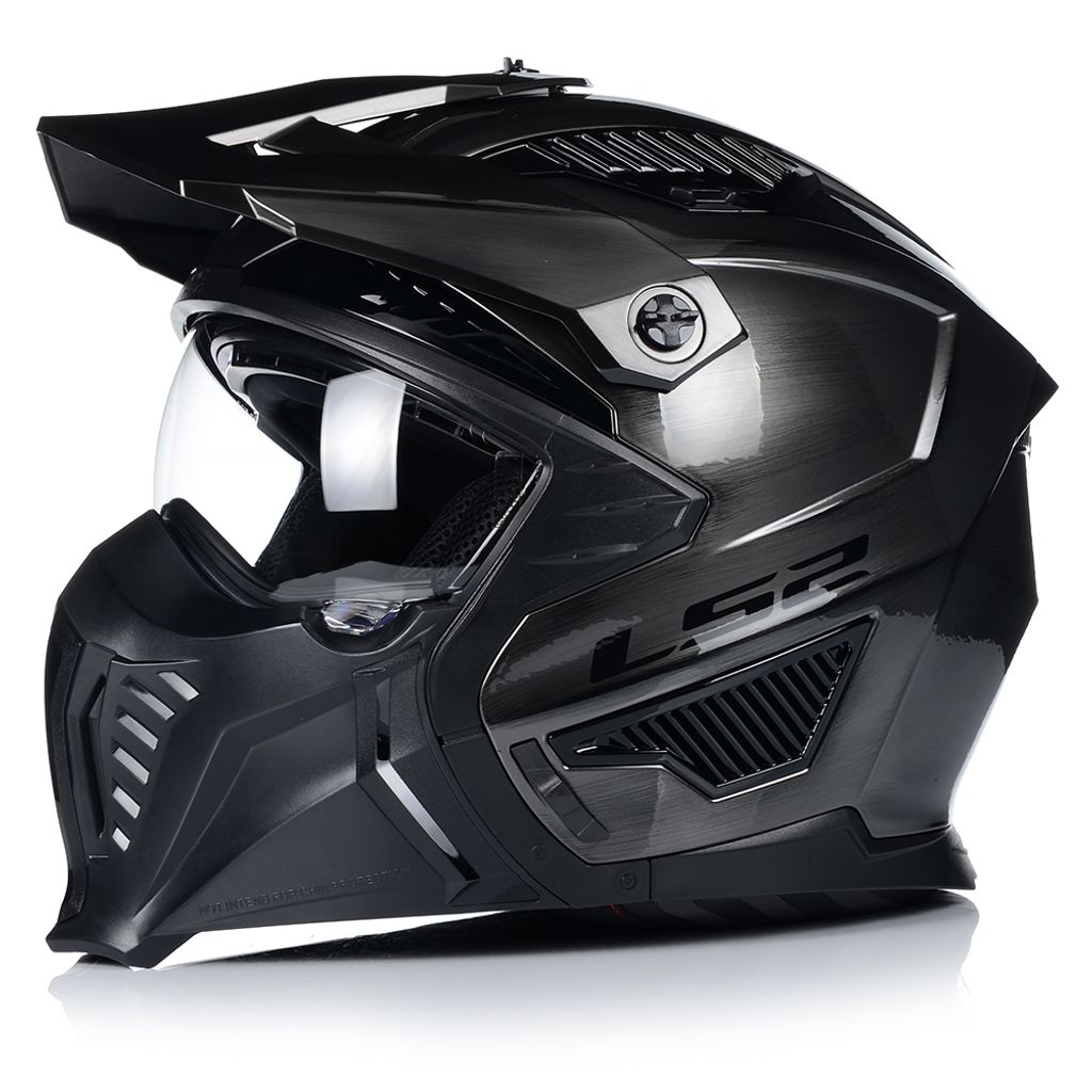 A black and gray motorcycle helmet on a white background.