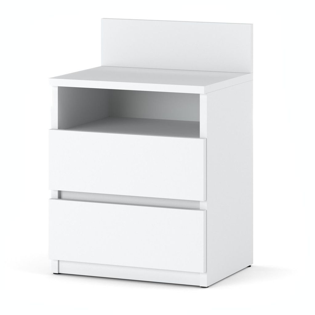A white bedside table with two drawers and an open shelf.