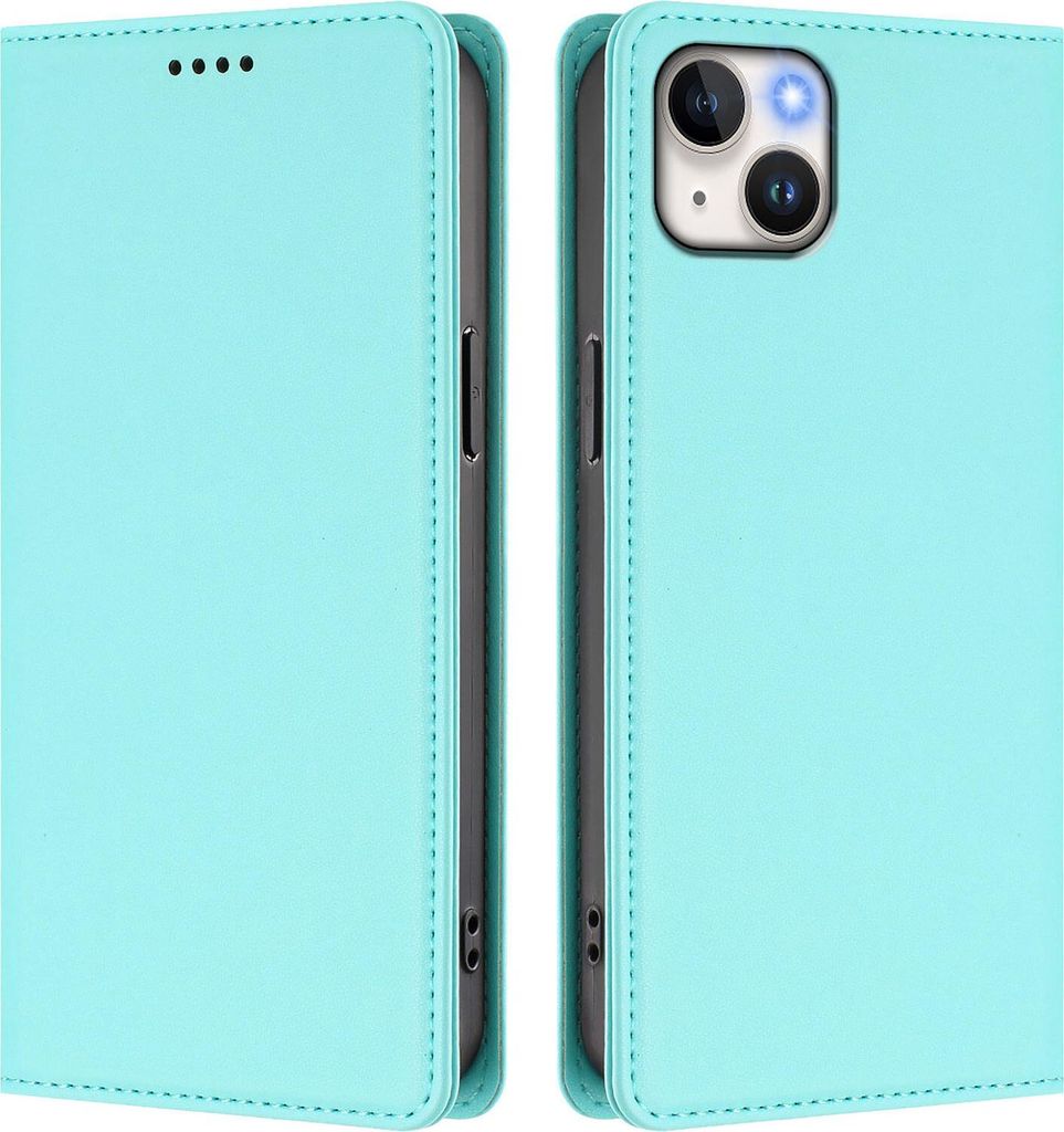 Handyhülle für iPhone 15 Plus, Kunstleder Klapphülle Stoßfeste Magnetische Hülle mit Ständer Türkis
