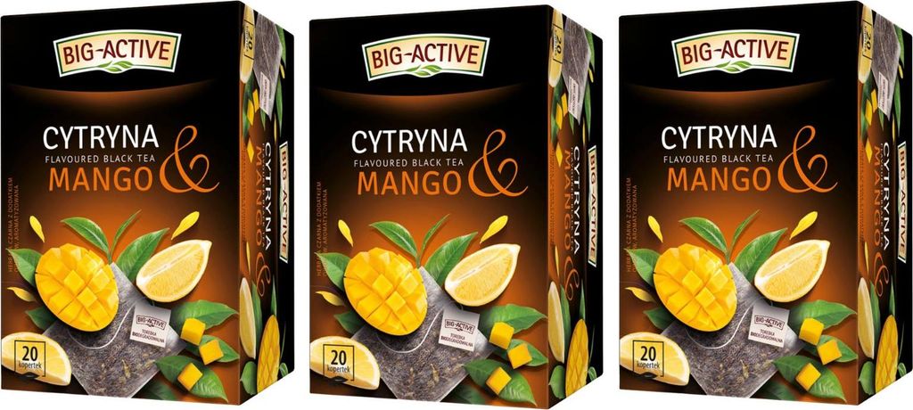 Schwarzer Tee Zitrone Mango 3x 20 Teebeutel - Schwarztee im Beutel - Big-Active