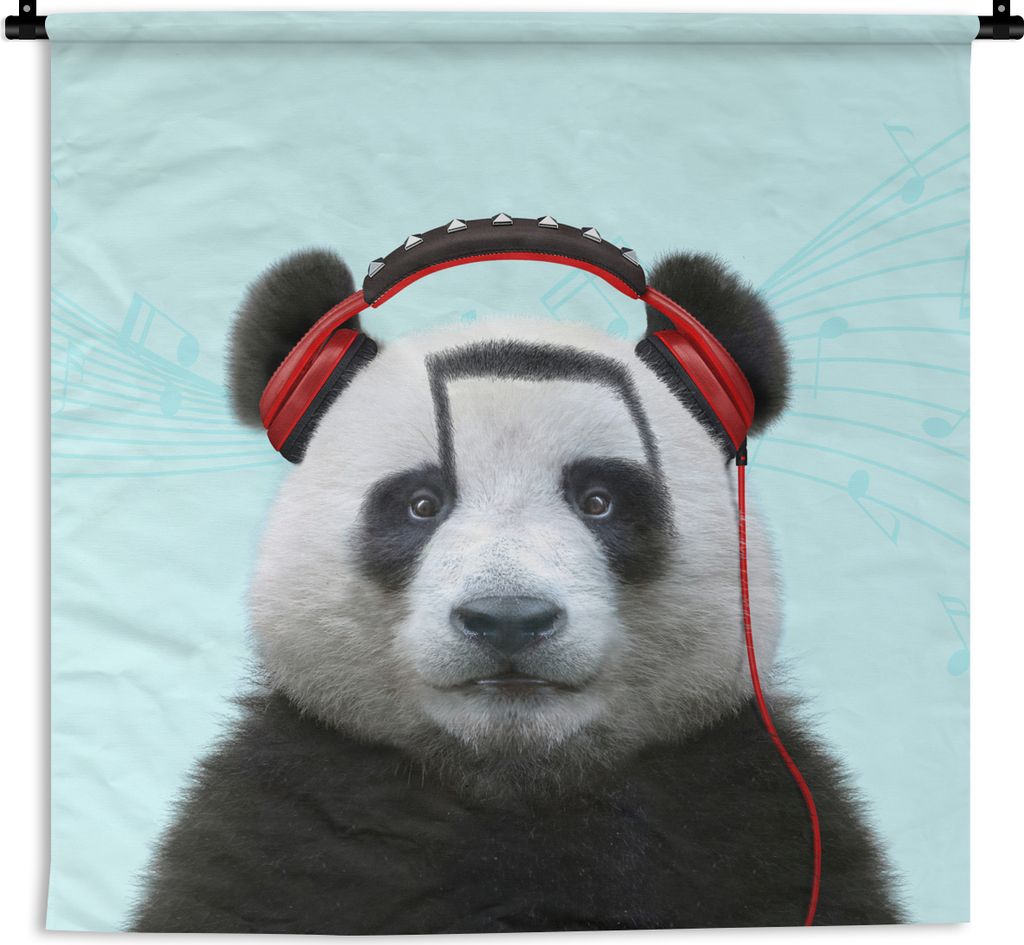 MuchoWow Wandteppich Wandbehang Panda - Kopfhörer - Tier - Musiknoten - Rot 120x120 cm Tapisserie Dekoration Wandtuch - Modern - Baumwollgewebe