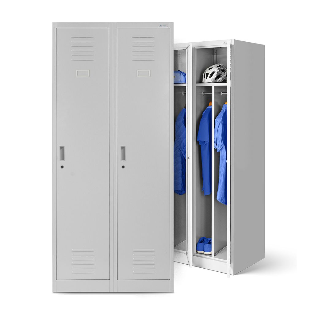 Two light gray metal lockers, one with its doors open, revealing blue garments hanging inside, a helmet on a shelf, and blue shoes on the floor. The other locker is closed.