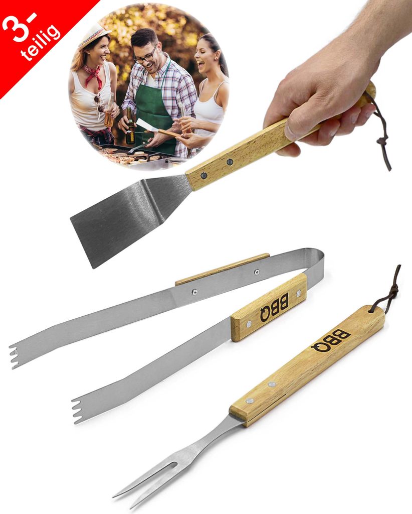 Grillbesteck-Set 3-TLG. mit Holzgriff und Edelstahl, Grillzubehör mit Grillzange, Grillwender und Fleischgabel mit extra-Langen Holzgriffen und Au...