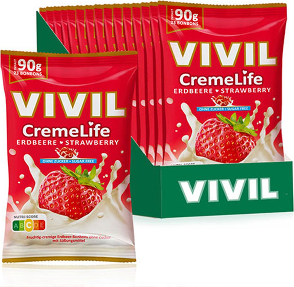 A display of VIVIL CremeLife strawberry flavored sugar-free candies in their packaging.