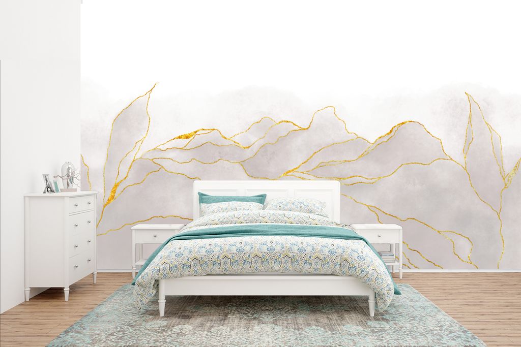 MuchoWow Fototapete für Wohnzimmer oder Schlafzimmer Wandtapete Vinyl Motivtapete Marmoroptik - Grau - Gold - Chic - Marmor - 435x260 cm - Kinde...