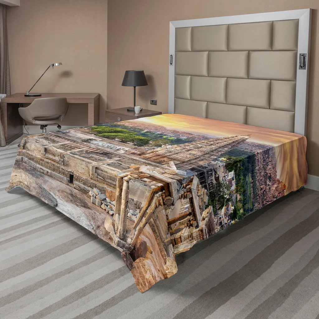 ABAKUHAUS Drap plat orange crème 266x260 cm, motif temple asiatique