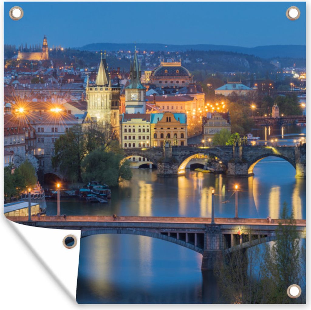 MuchoWow 100x100 cm Outdoor-Poster Gartendeko Sichtschutz Garten Poster für den Garten Prag - Lampe - Architektur