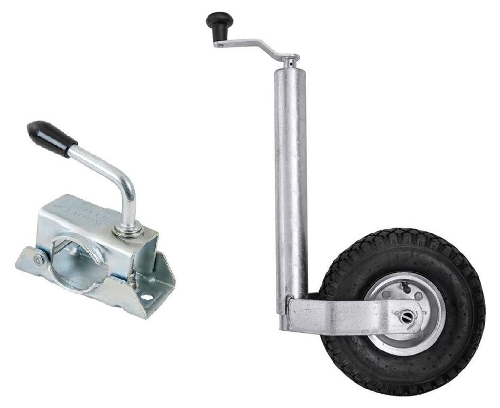KNOTT Stützrad Set TK48 LB48 150 kg 48 mm 500 bis 720 mm mit Luftrad 260x85 Stahlfelge verzinkter Klemme für Anhänger Wohnwagen und Deichsel