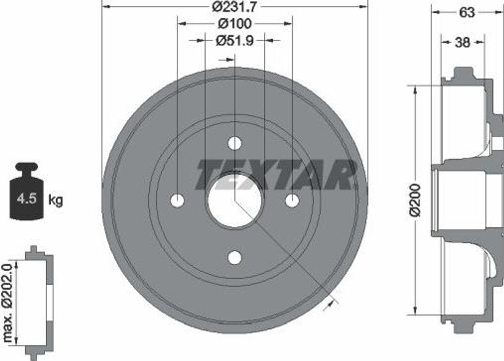 2x TEXTAR Bremstrommel 94033200 für OPEL AGILA (A) (H00) 4 5kg