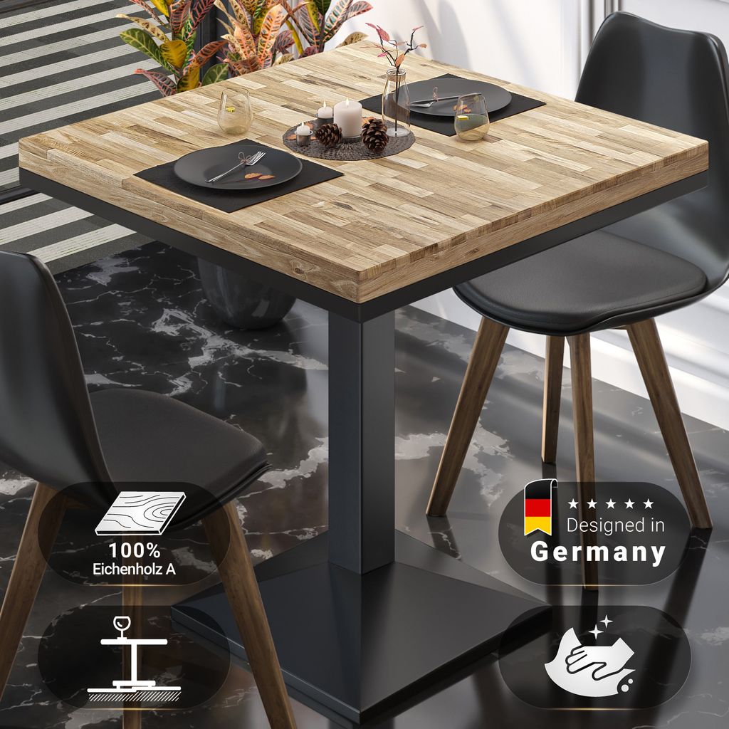 MPA | Bistro Massiv Tisch | Quadratisch | 70 x 70 x 81 cm | Eiche / Schwarz | Bistrotisch Gastro Tisch