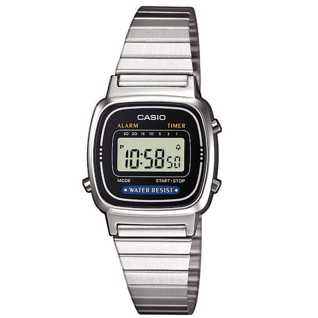 A digital watch with a silver band and black face.