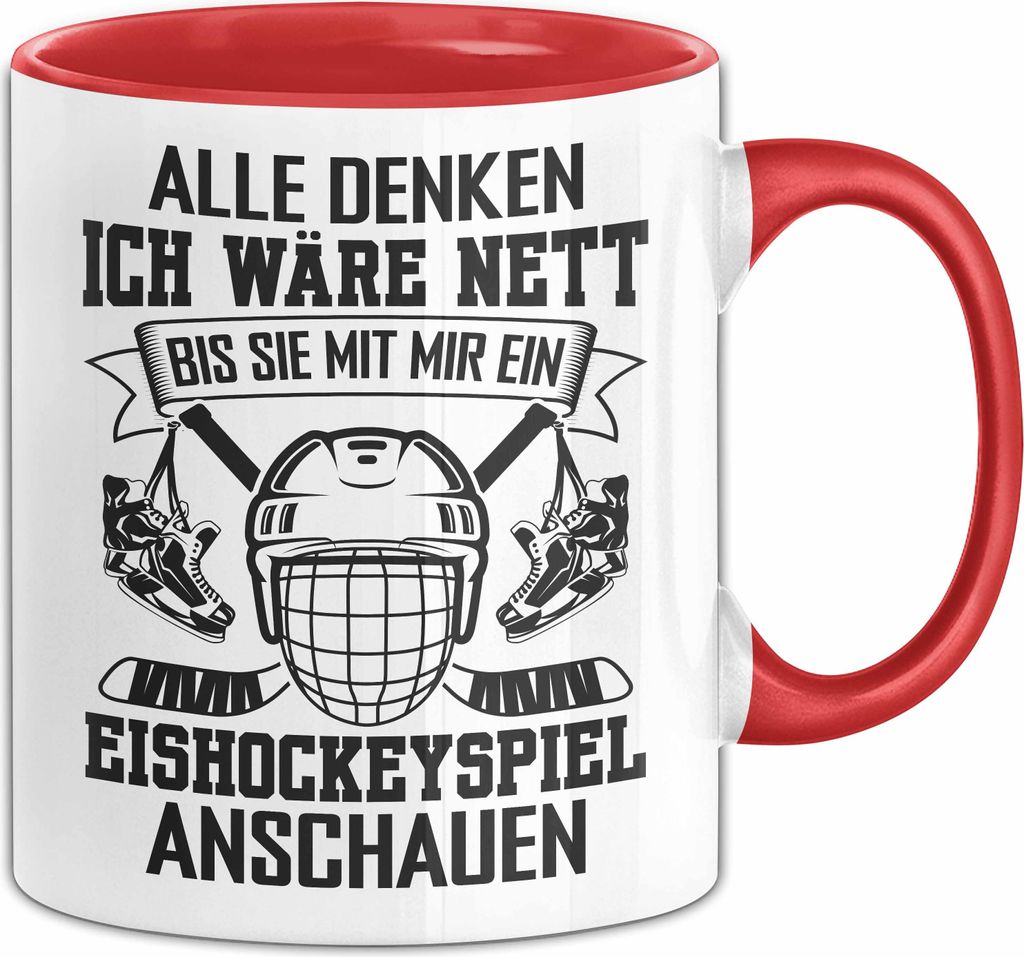 Eishockey Spieler Geschenk Tasse Vintage Ice Hockey Retro Hockey Alle Denken Ich Wäre Nett Bis Wie Eishockeyspiel Anschauen (Rot)