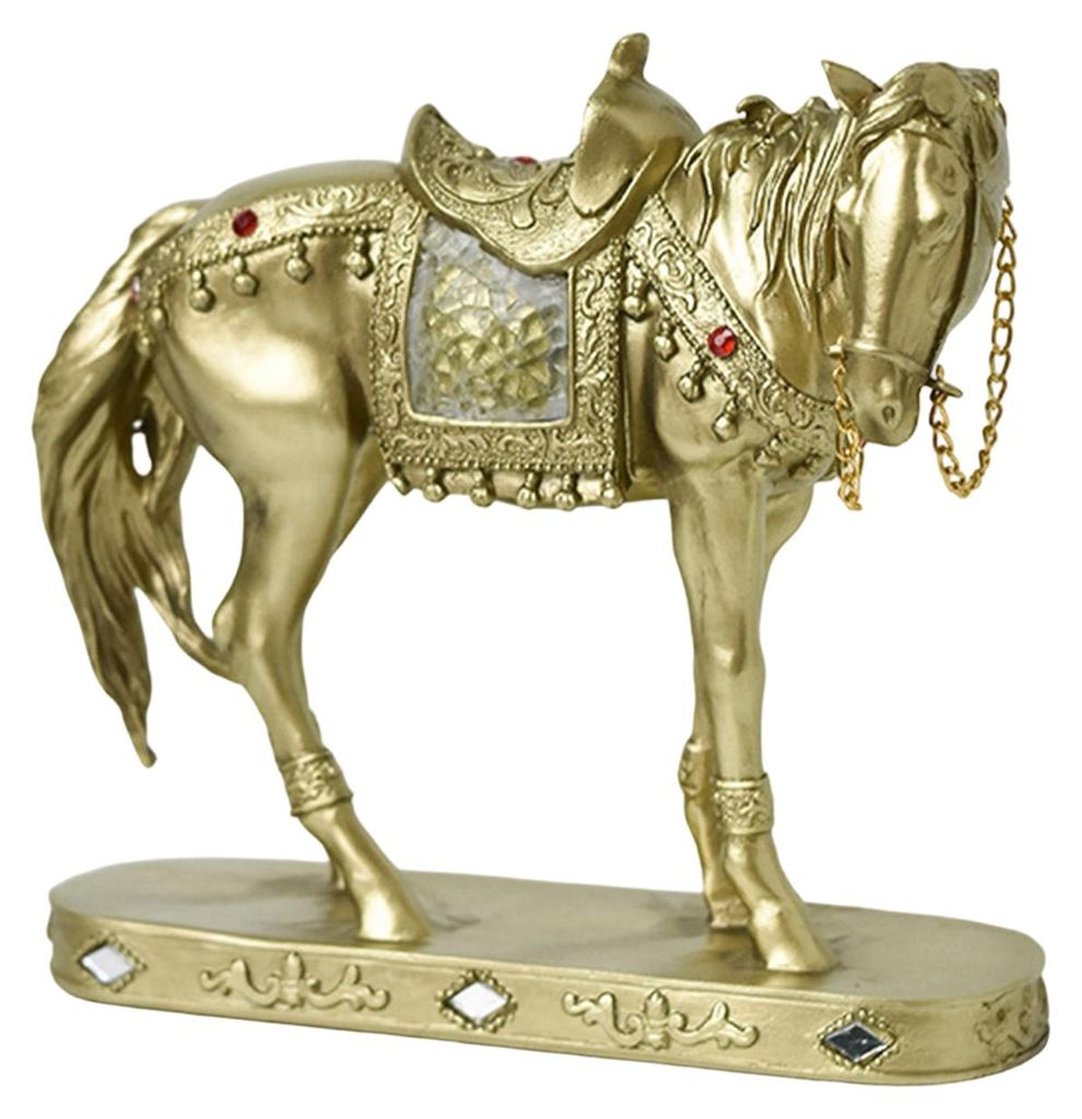 Retro-Pferdestatue, künstlerische Pferdefigur mit Sockel, goldfarbene Pferdeskulptur aus Kunstharz für Regal, Kaminsims oder Schrank