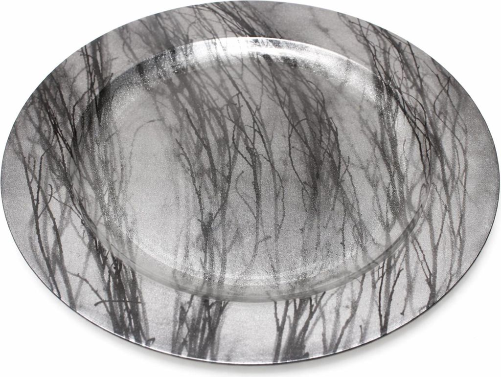 Dekoteller Ø 28 cm Platzteller Kunststoff rund mit Rand Naturmuster Used Look silber
